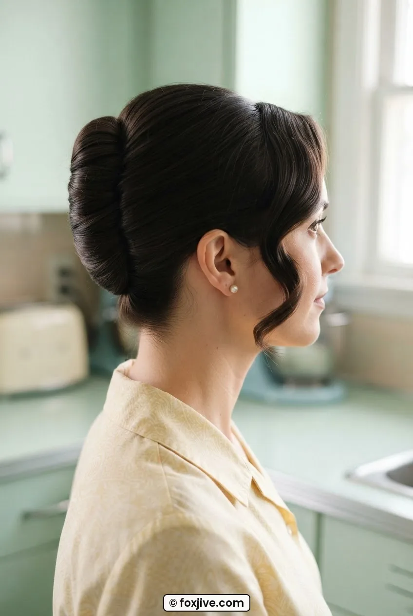 Woman with elegant smooth French twist at back with one loose temple piece in soft window light