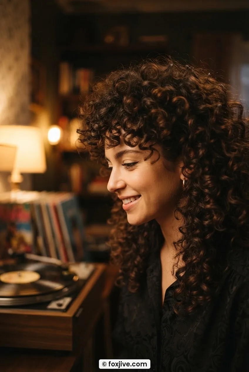 Woman with voluminous freshly set 1980s big perm spiral curls photographed in warm amber lamplight