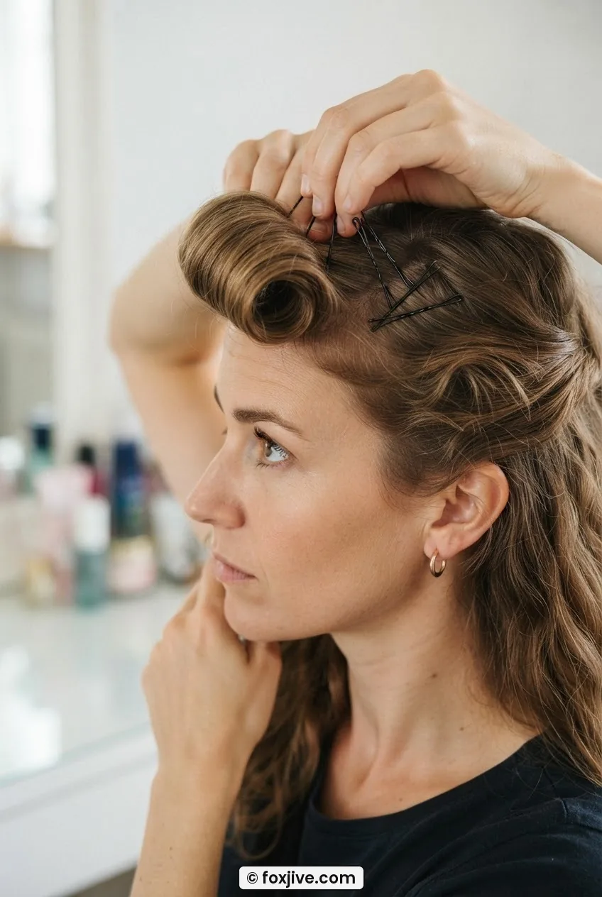 Woman rolling a front hair section over her fingers and pinning it at the crown in bright even light