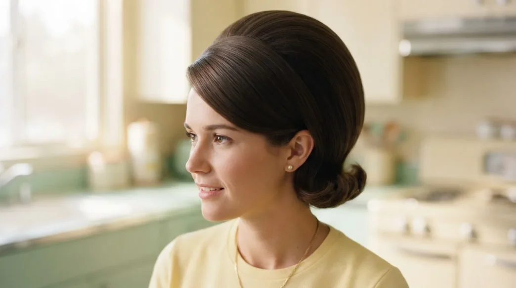 Woman with full smooth crown bouffant hairstyle at pastel mid-century kitchen counter in soft morning light