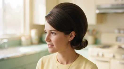 Woman with full smooth crown bouffant hairstyle at pastel mid-century kitchen counter in soft morning light