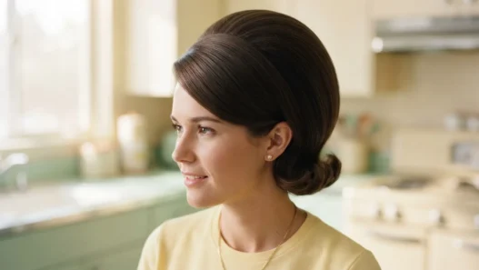Woman with full smooth crown bouffant hairstyle at pastel mid-century kitchen counter in soft morning light