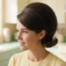 Woman with full smooth crown bouffant hairstyle at pastel mid-century kitchen counter in soft morning light