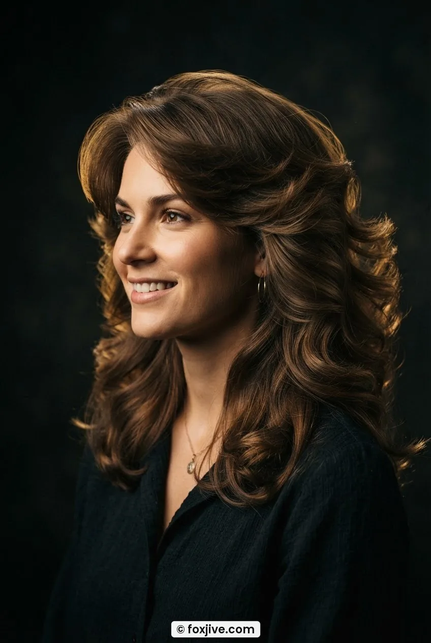 Woman with full Farrah-style face-framing feathered wing sweep starting at temples, dramatic rim lighting