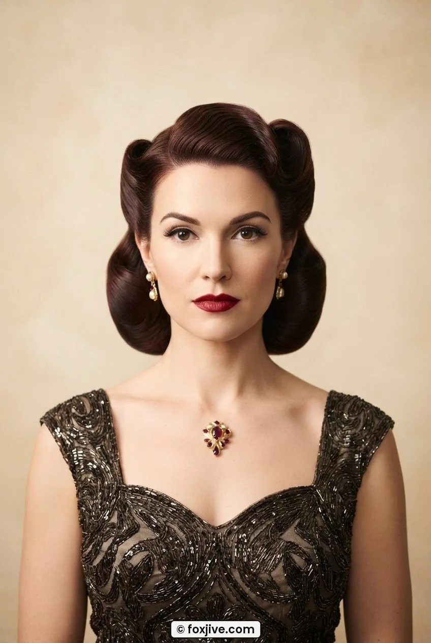 Woman in complete 1940s full glamour set with brushed-out waves smooth sides and soft rolled front