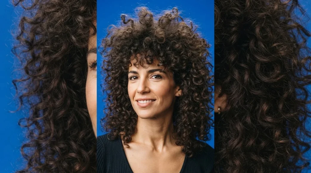 Woman with a full heavy chemical perm creating maximum curl volume, shot against a cobalt blue backdrop in bright studio light