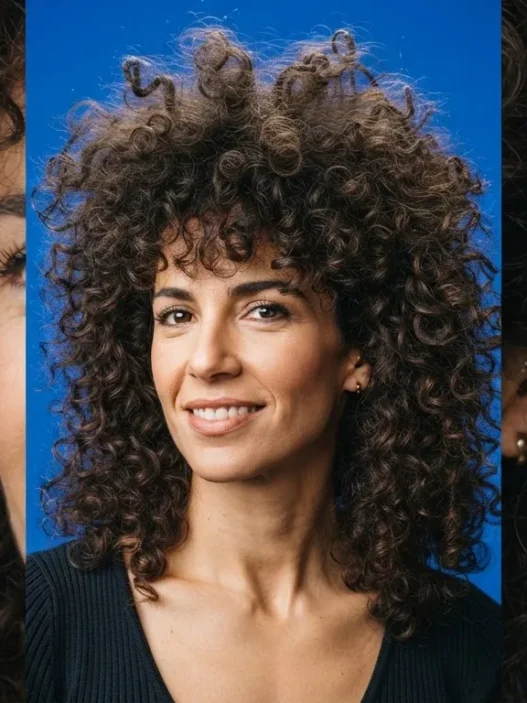 Woman with a full heavy chemical perm creating maximum curl volume, shot against a cobalt blue backdrop in bright studio light