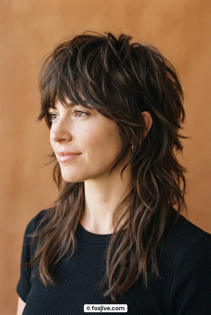 Woman with full seventies shag showing dramatically short crown layers above longer perimeter hair in crisp side lighting