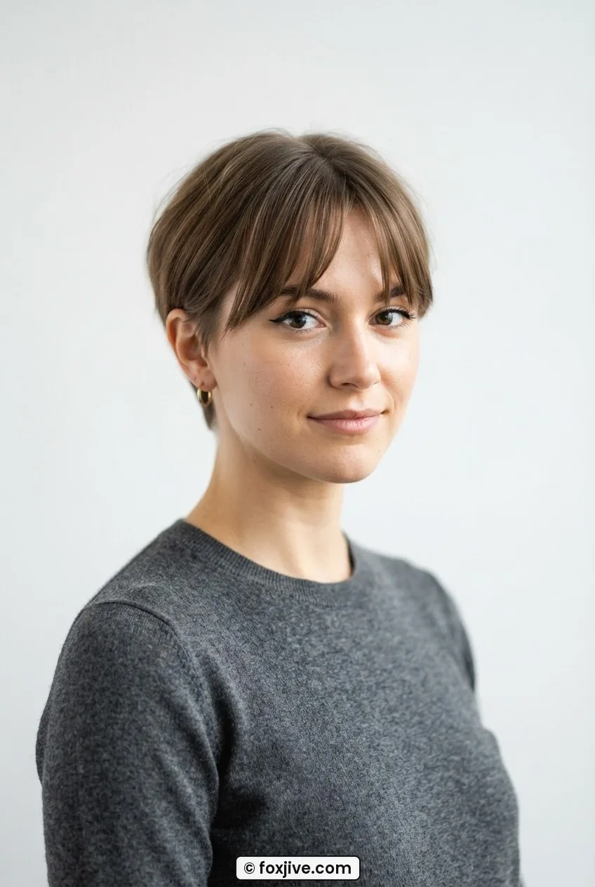 Front three-quarter portrait of woman with four-inch gamine curtain fringe, center-parted, sides skimming the ear