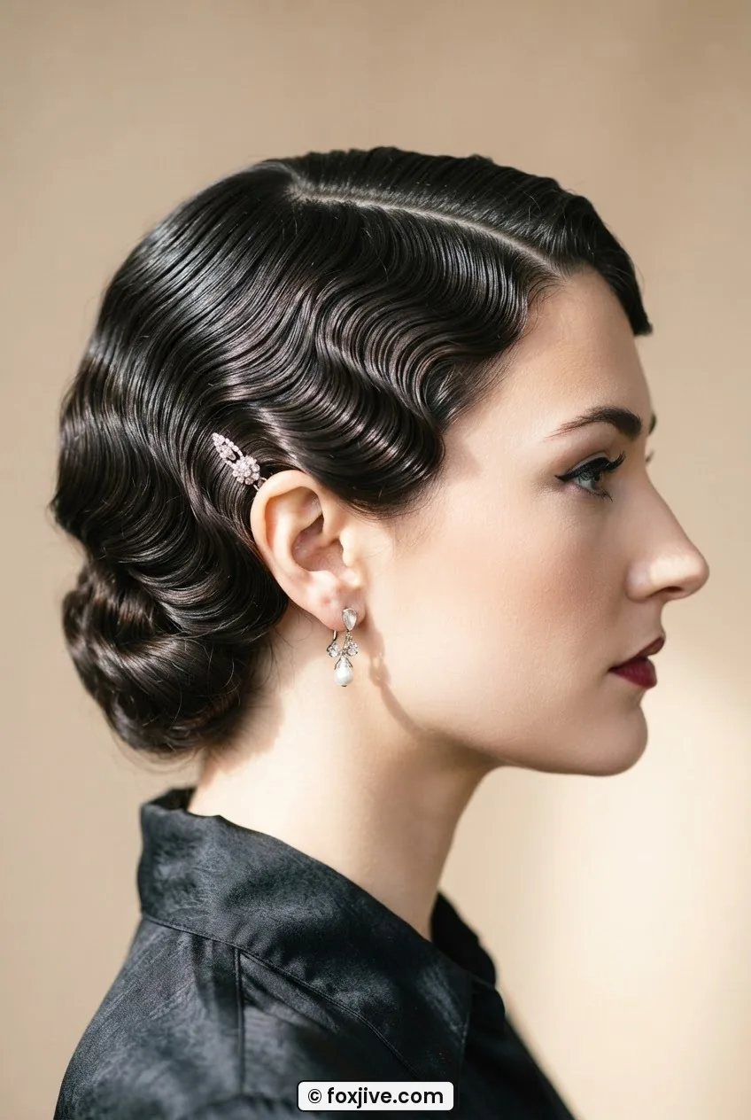 Woman with completed Gatsby-style wave hairstyle photographed from slightly elevated side angle showing proportions