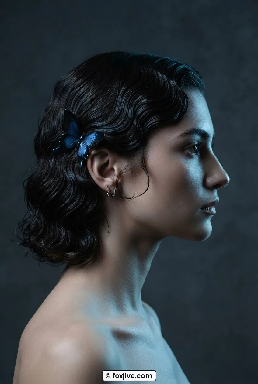 Woman with gel-defined body waves and single sculptural butterfly clip low in hair in icy blue studio light