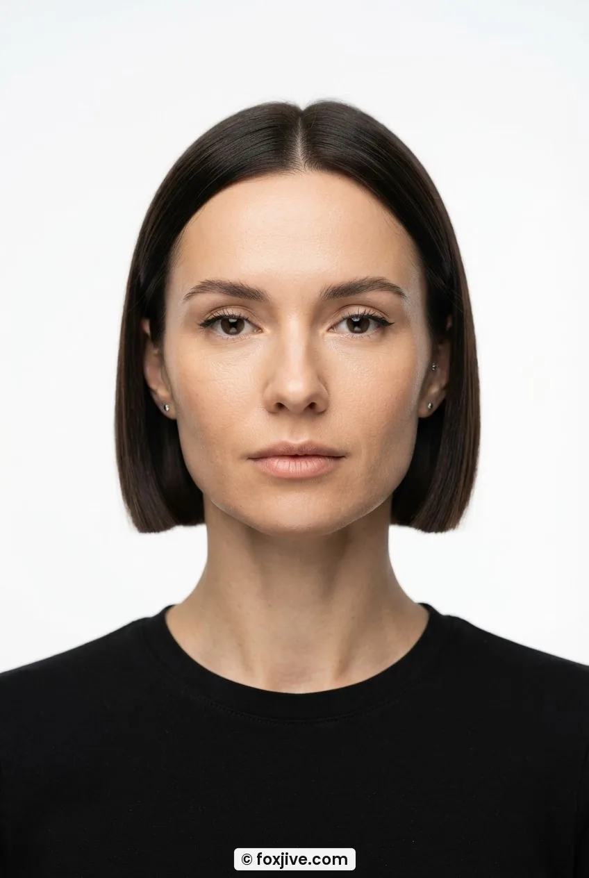 Front-facing woman with precision blunt geometric bob cut at the jaw showing sharp blunt end line