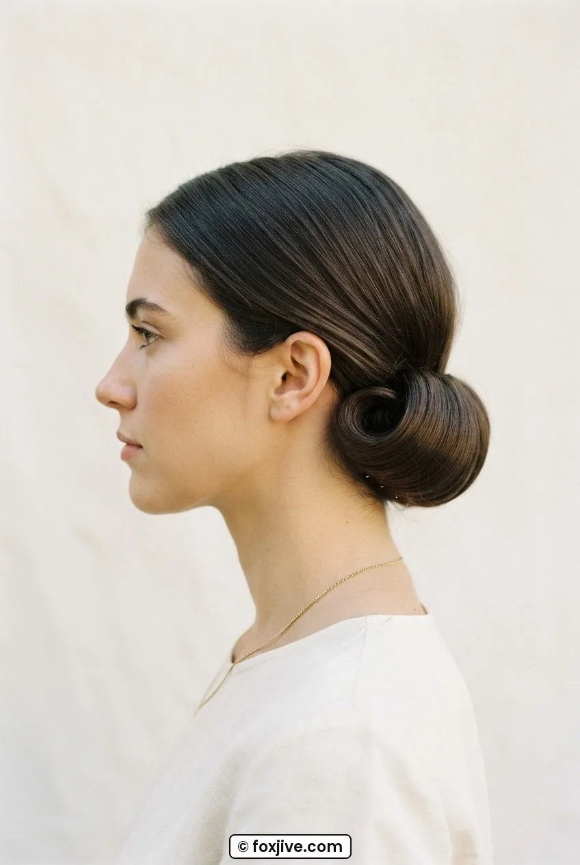 Woman in side profile wearing a low Gibson tuck with a soft horizontal loop visible at the nape