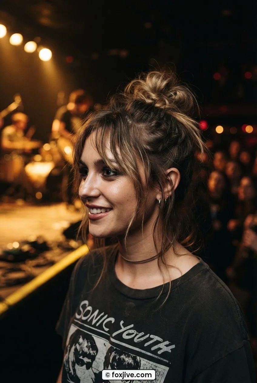 Woman with loosely undone 1990s grunge half-up bun, strands framing face, warm dance hall stage lighting