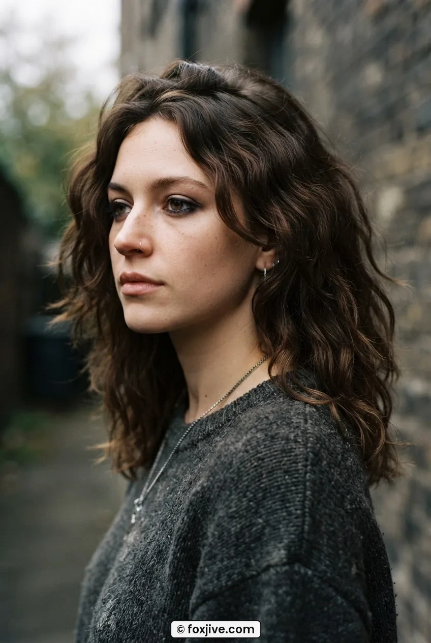 Woman with loose undone grunge waves and matte texture, soft overcast light suggesting an outdoor setting