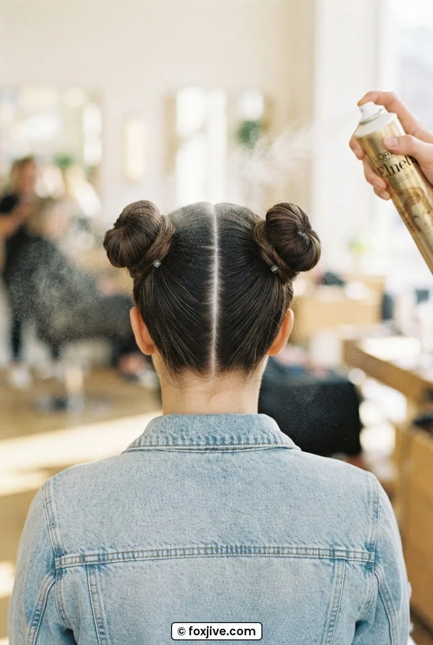 Back view of woman misting both completed symmetrical space buns with light-hold hairspray at arm's length