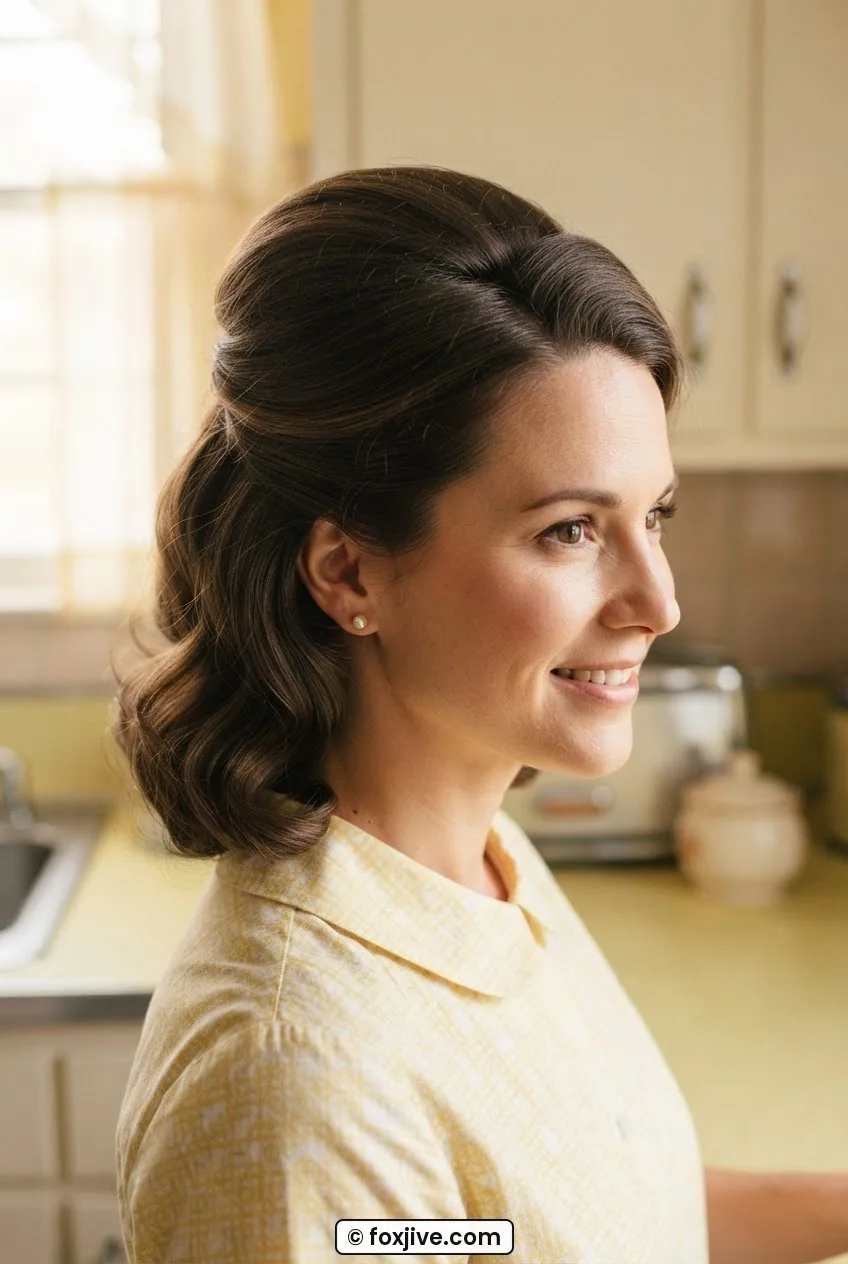 Woman with half-up bouffant showing backcombed lifted crown section and loose waves at sides