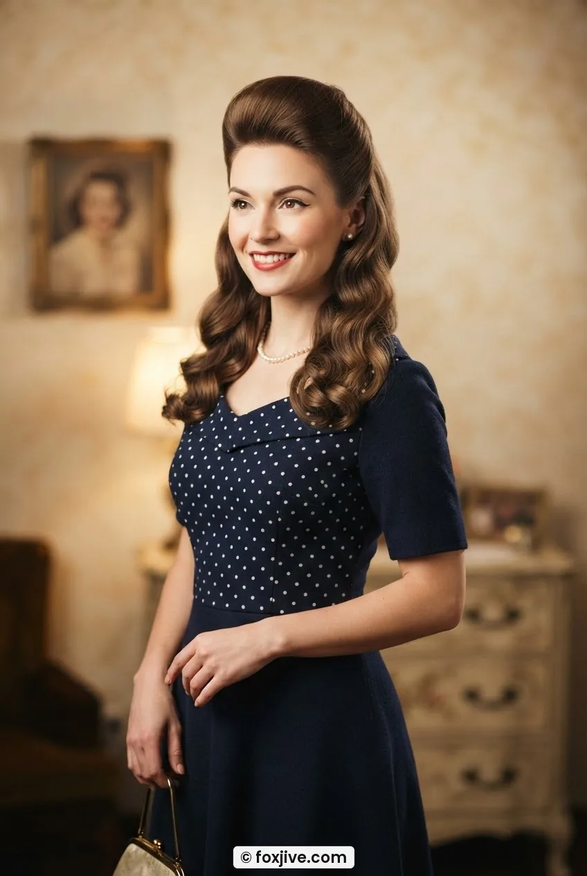 Three-quarter portrait of woman with half-up pompadour bump and loose waves falling below the shoulder in vintage styling