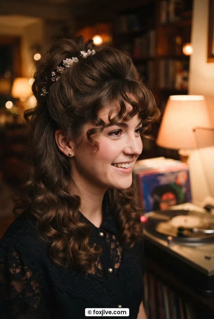 Woman with 1980s half-up prom hairstyle featuring pinned curls, loose tendrils, and side-swept fringe in lamplight