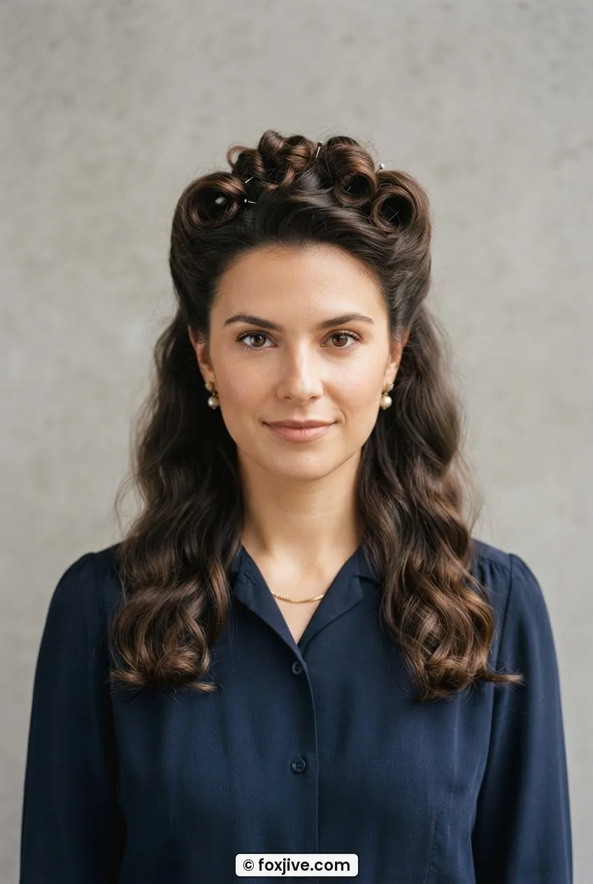 Woman with a half-up cluster of varied-size sausage curls pinned at the crown, lower hair left wavy, stone-grey backdrop