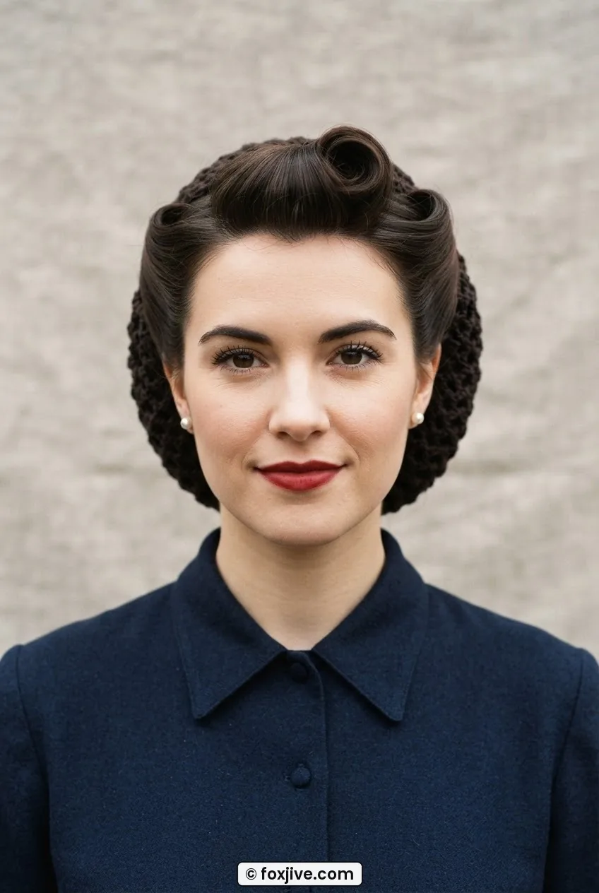 Woman wearing hair pinned up with a front roll and remaining length tucked into a dark crocheted snood