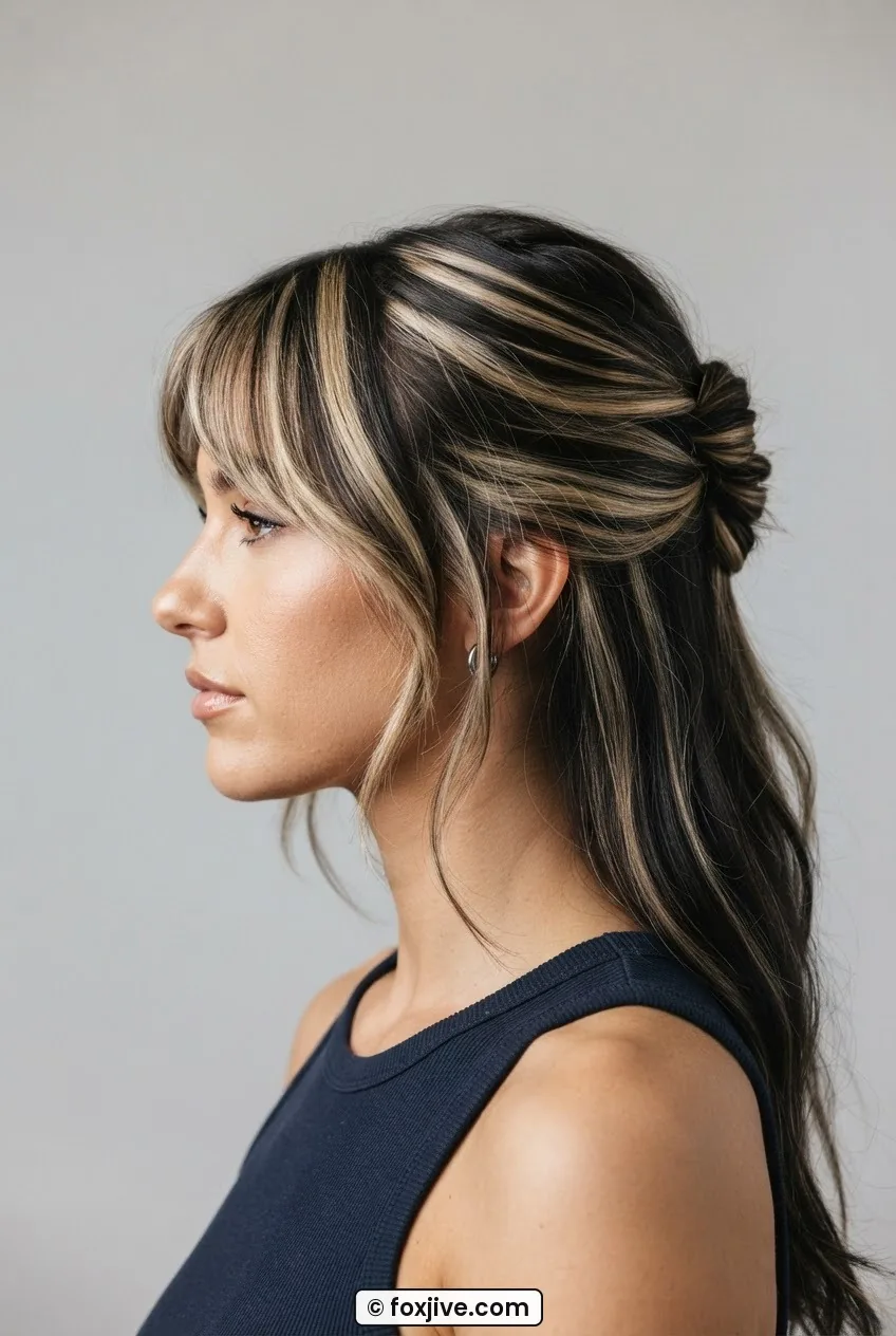 Woman with half-up twisted pinned section and loose side fringe falling forward in side profile