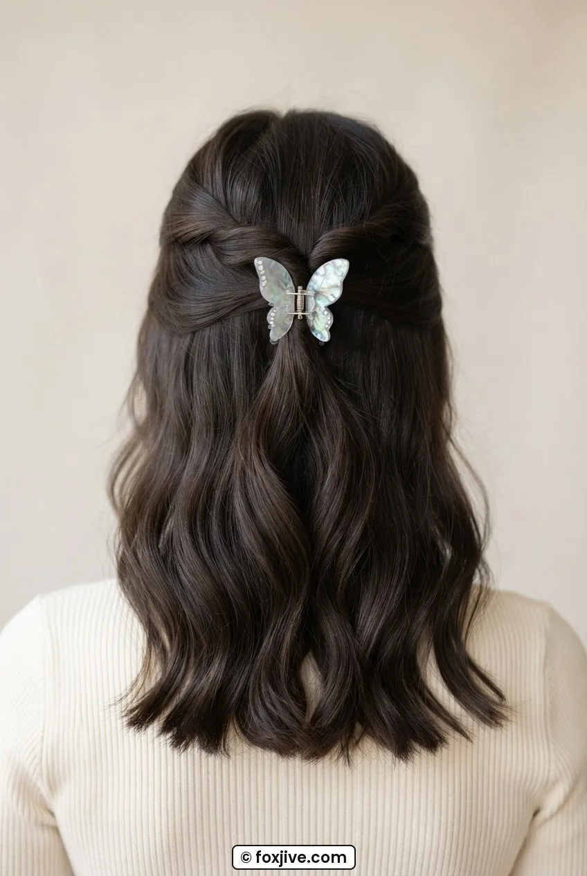 Back view of woman with shoulder-length dark hair showing a half-up twist held by one medium iridescent butterfly clip placed below the crown