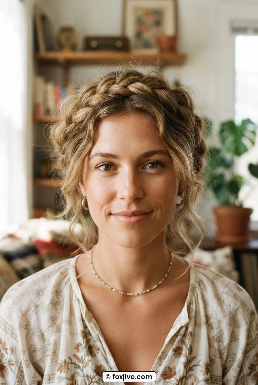 Front-facing portrait of woman with loose halo crown braid deliberately pulled for texture and tendrils at temples