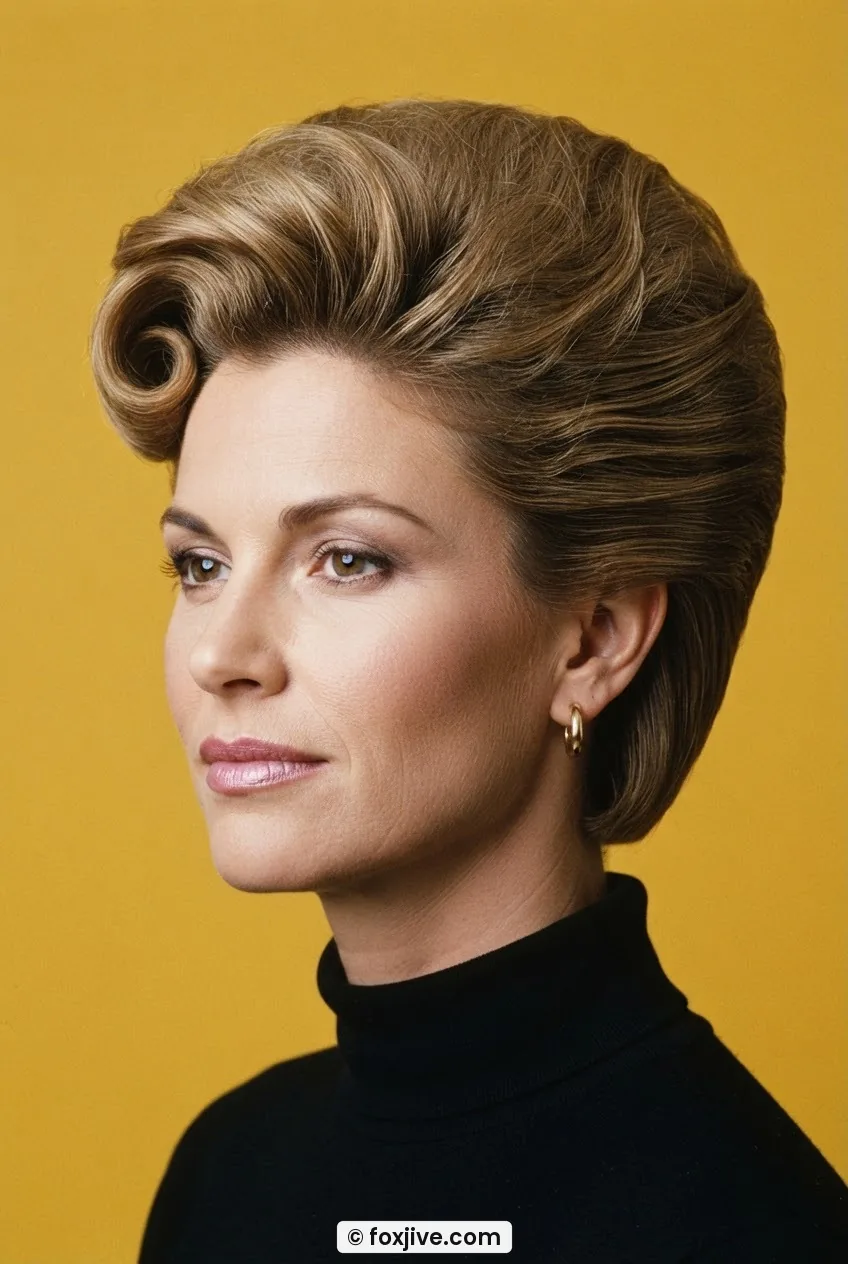 Woman with rigidly lacquered helmet hair styled into a sculpted eighties shape against a mustard yellow backdrop
