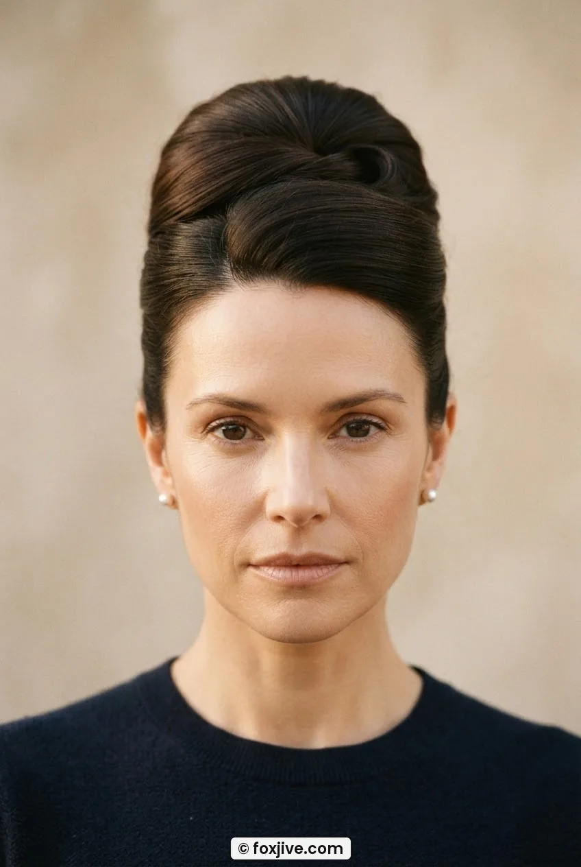 Front-facing close-up of woman with high structured chignon at crown showing smooth architectural volume with pin detail