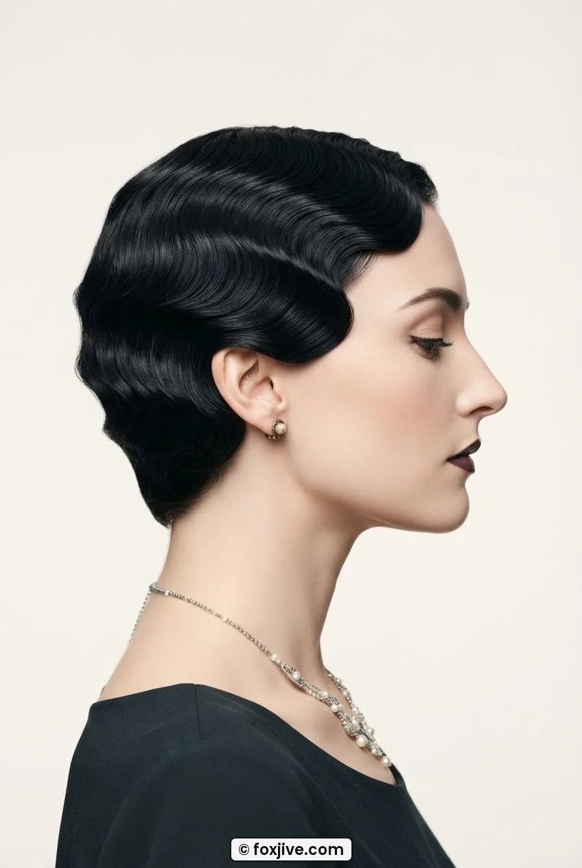 Woman with black 1920s waved hair photographed under high-key flat studio lighting with matte surface finish