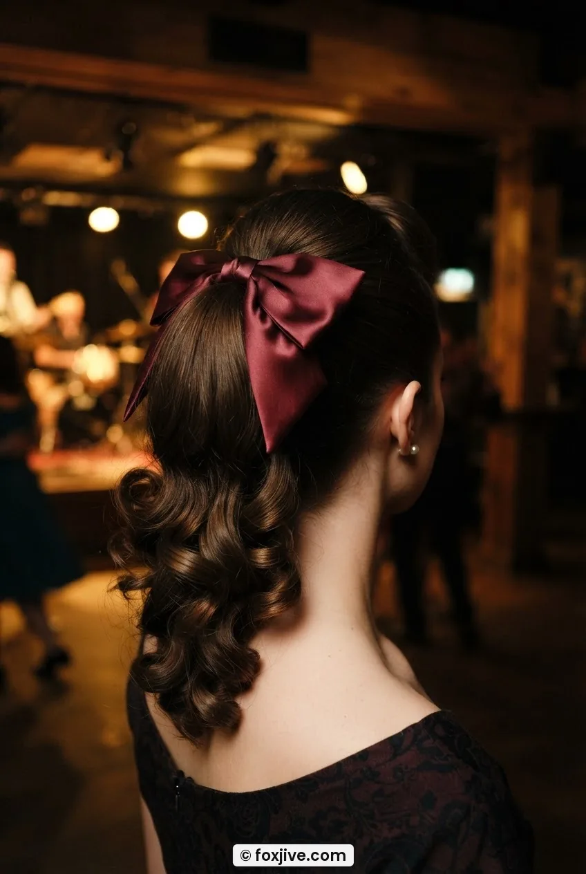 Woman with high 1950s ponytail, curled bouncy ends and wide satin bow under warm dance hall lighting