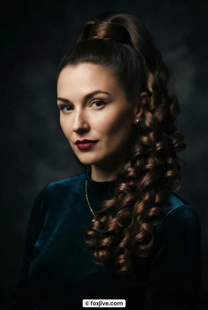Woman with high vintage ponytail featuring wrapped base and uniformly curled rings over one shoulder