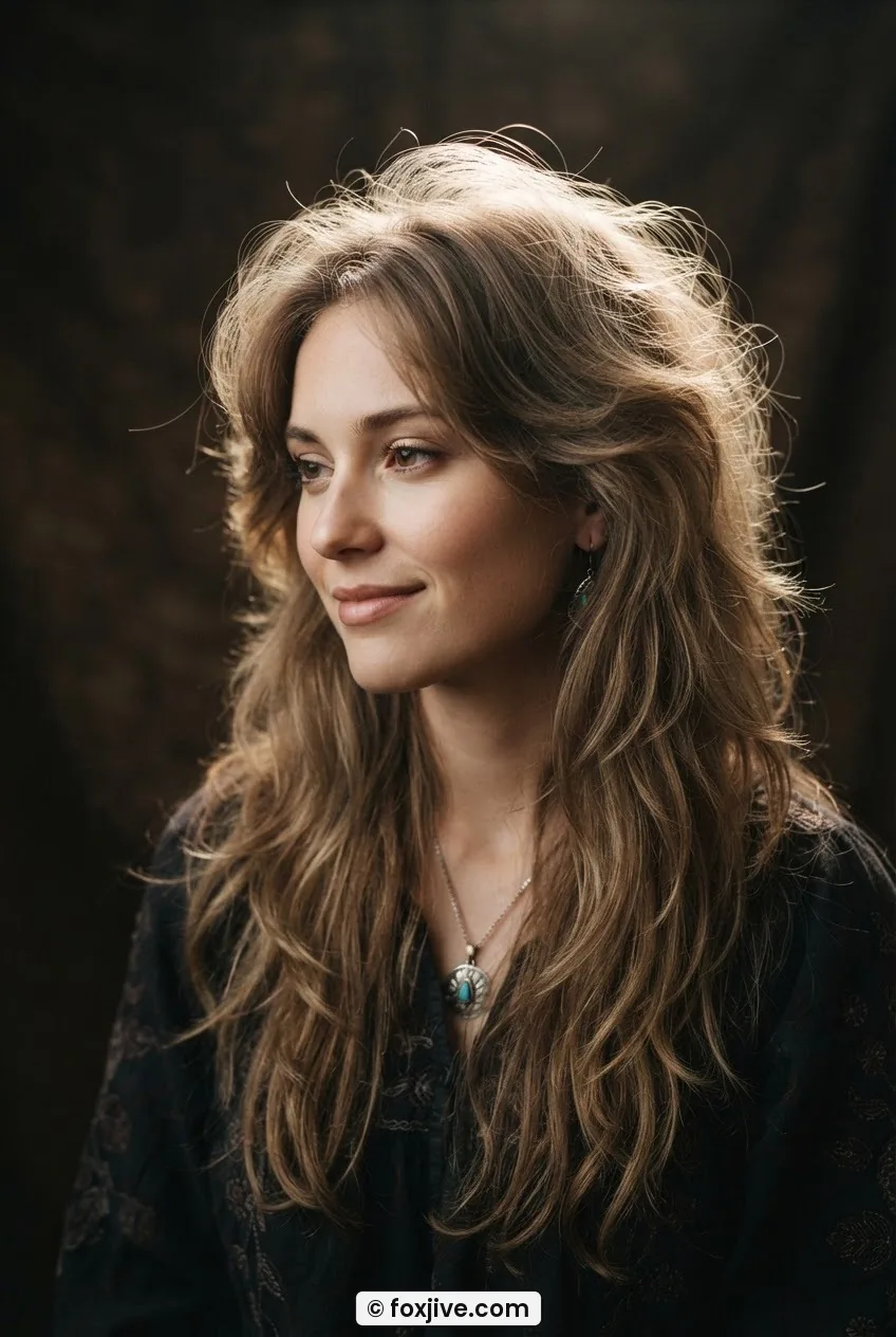 Woman with long hippie halo feathered layers creating a soft glowing crown silhouette, backlit