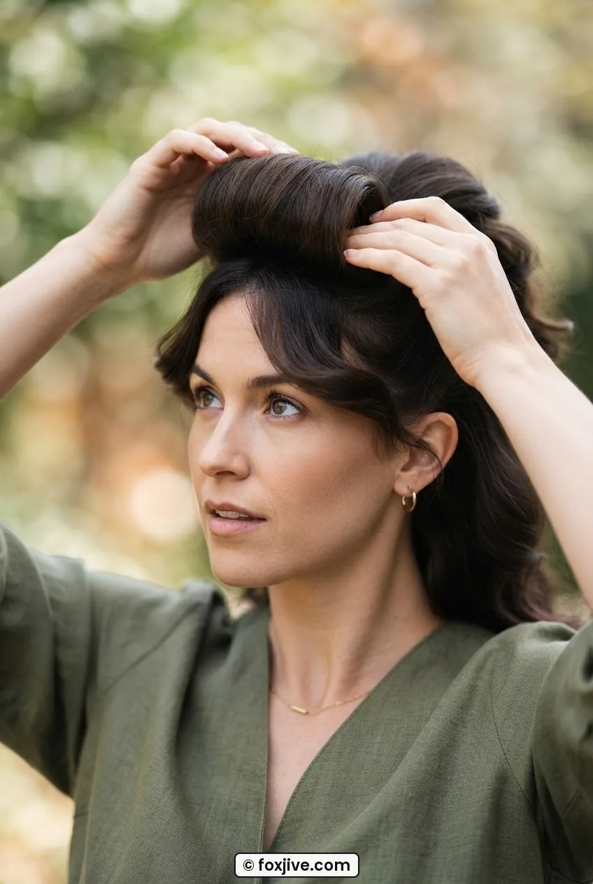 Woman holding a loose soft front hair roll in place at the crown before applying bandana
