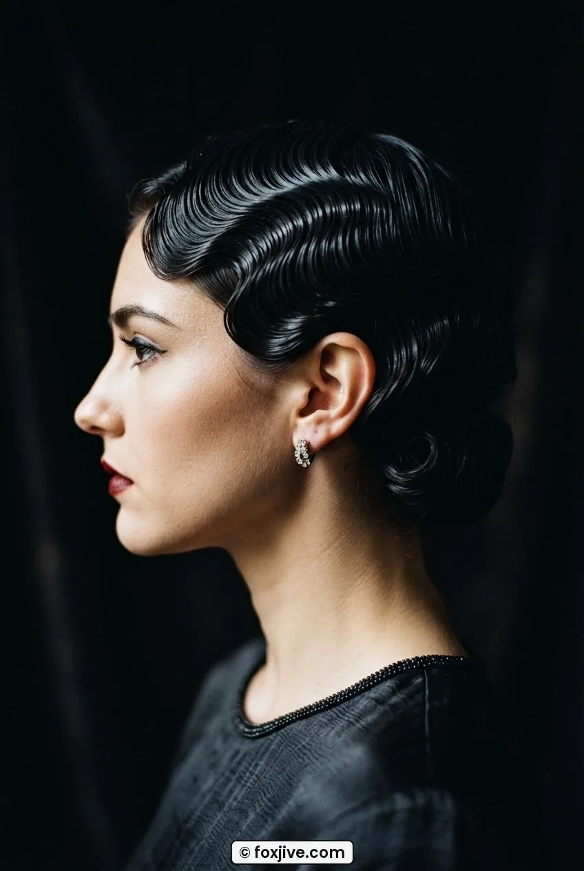 Woman in side profile showing crisp gel-defined hybrid finger wave pressed close to skull above ear
