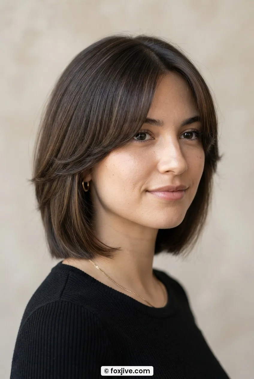 Woman with nineties layered cut showing precisely shaped curtain bangs set into symmetric drape at cheekbone level without visible clips