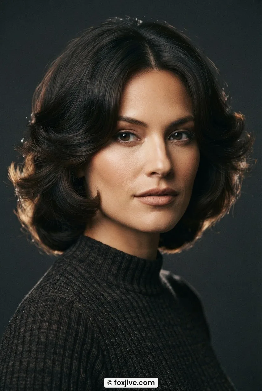 Woman with center-parted jaw-level curtain layers framing her jaw symmetrically, side rim lighting
