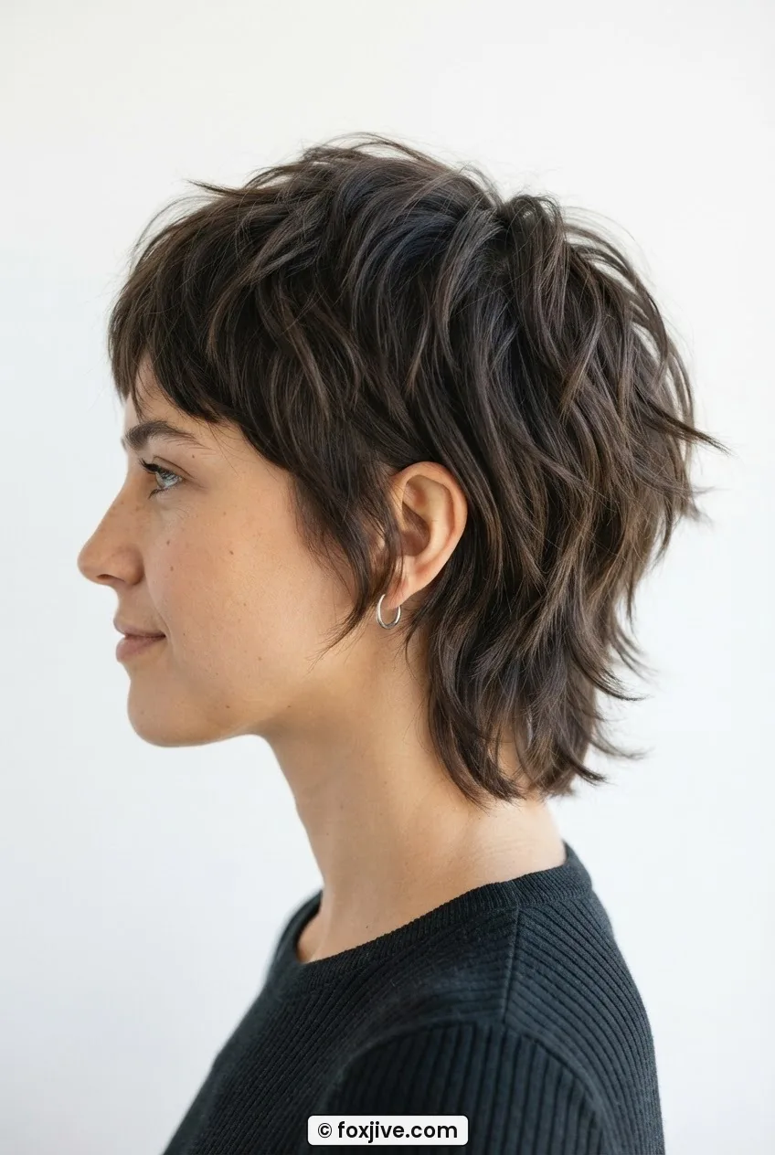 Woman with late-sixties shaggy mod cut showing textured feathered ends in soft natural side lighting on white backdrop