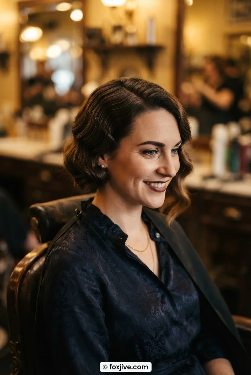 Woman with soft late-1920s transitional finger wave bob swept to one side in a vintage salon chair