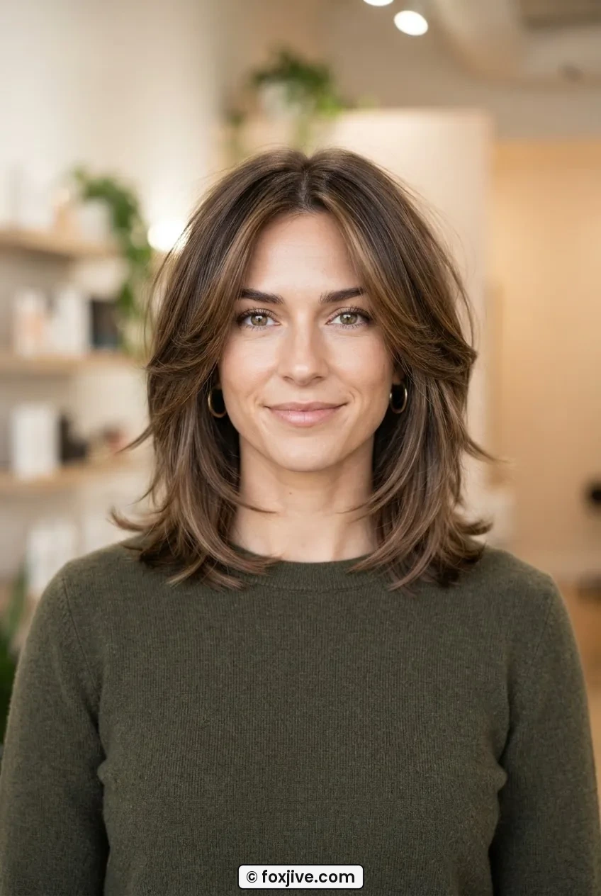Woman with a layered lob at collarbone length, face-framing layers and outward flick at the ends visible in studio light
