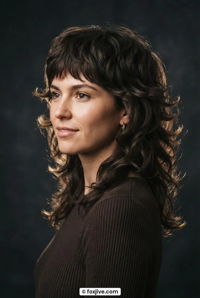 Woman with classic seventies layered shag cut, feathered layers flaring at the shoulder line, rim light