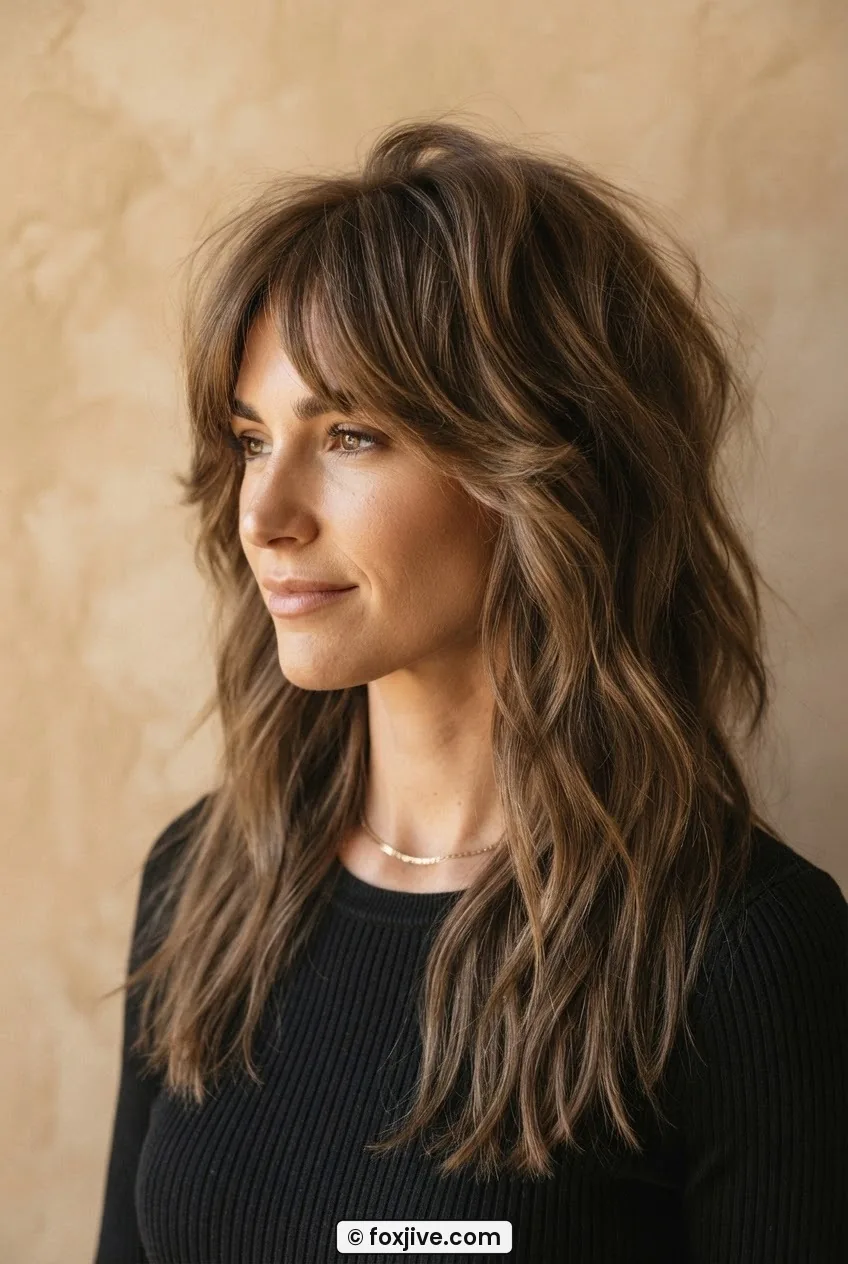 Woman with long curtain shag reaching mid-back with layers concentrated through the top third of the hair