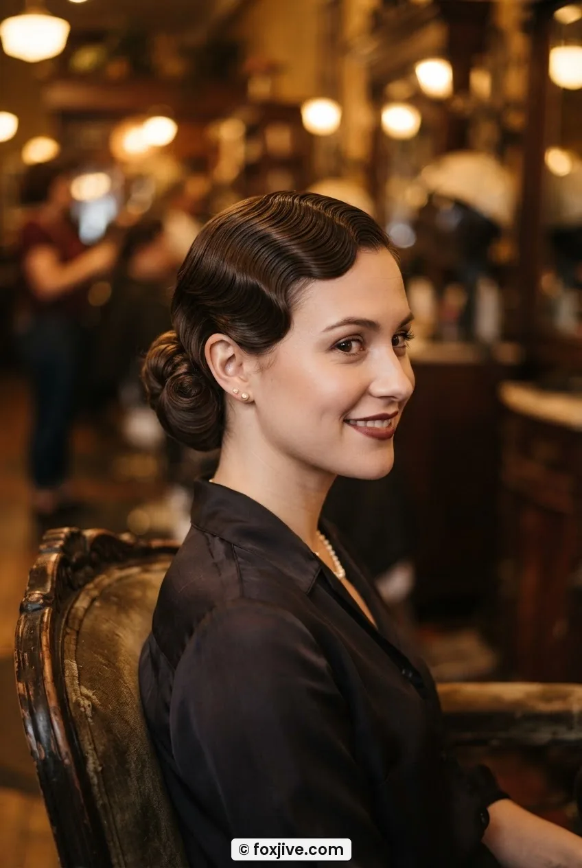 Woman with long hair tightly coiled at nape to mimic 1920s silhouette with pressed front waves in a salon chair