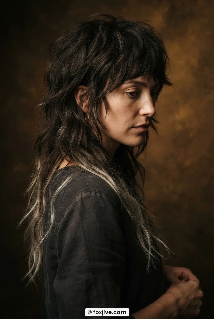 Woman with long wispy rock shag past mid-back featuring razor-cut ends and loose wave texture in moody lighting