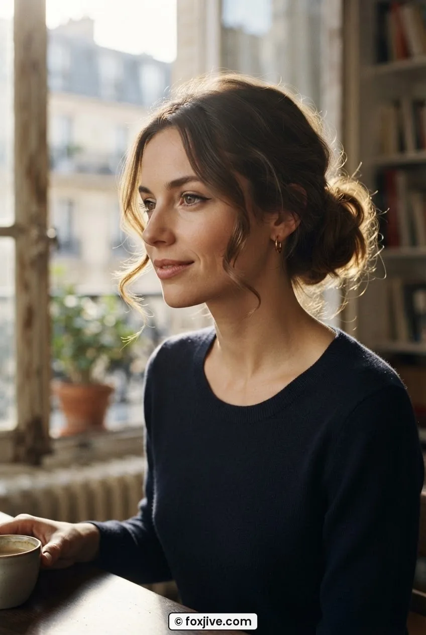 Three-quarter view of woman with loose low bun and curling face-framing tendrils at temples in warm backlighting