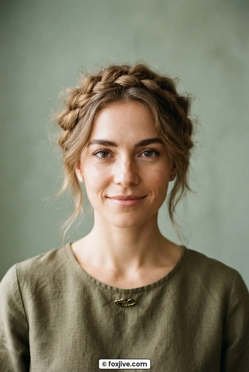 Woman with a loosely plaited crown braid sitting further back on her head, temple pieces pulled softly loose, sage green backdrop
