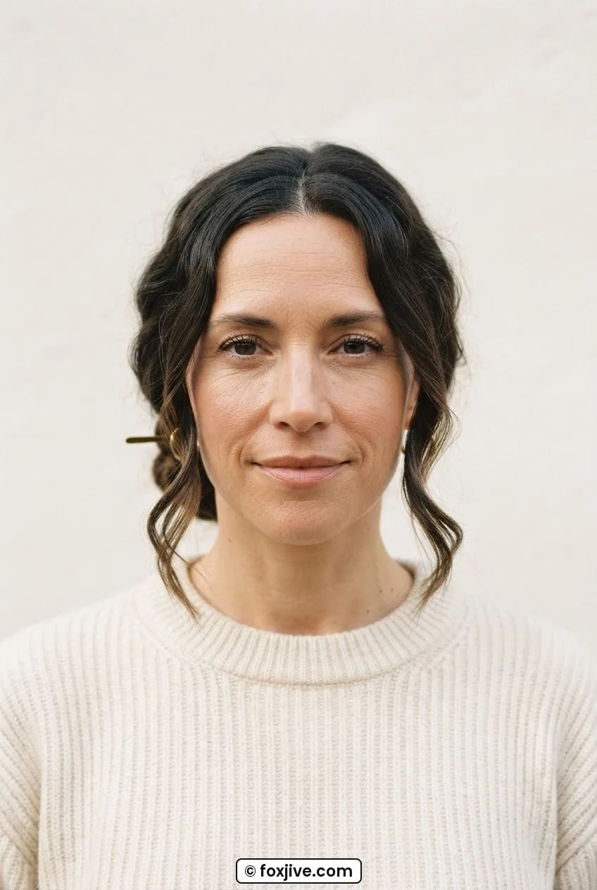 Woman with a loose twisted chignon at the nape, two face-framing sections left loose, soft waves, warm white backdrop