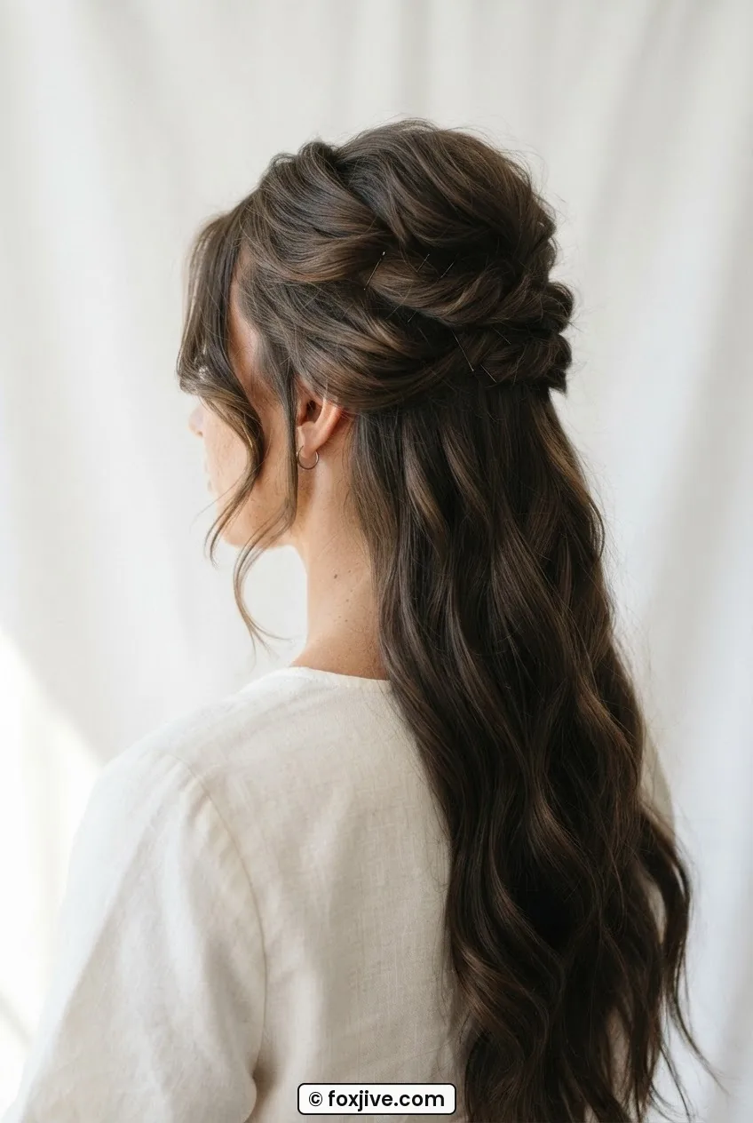 Three-quarter rear view of woman with loosened sixties half-up twist pinned with loose temple pieces