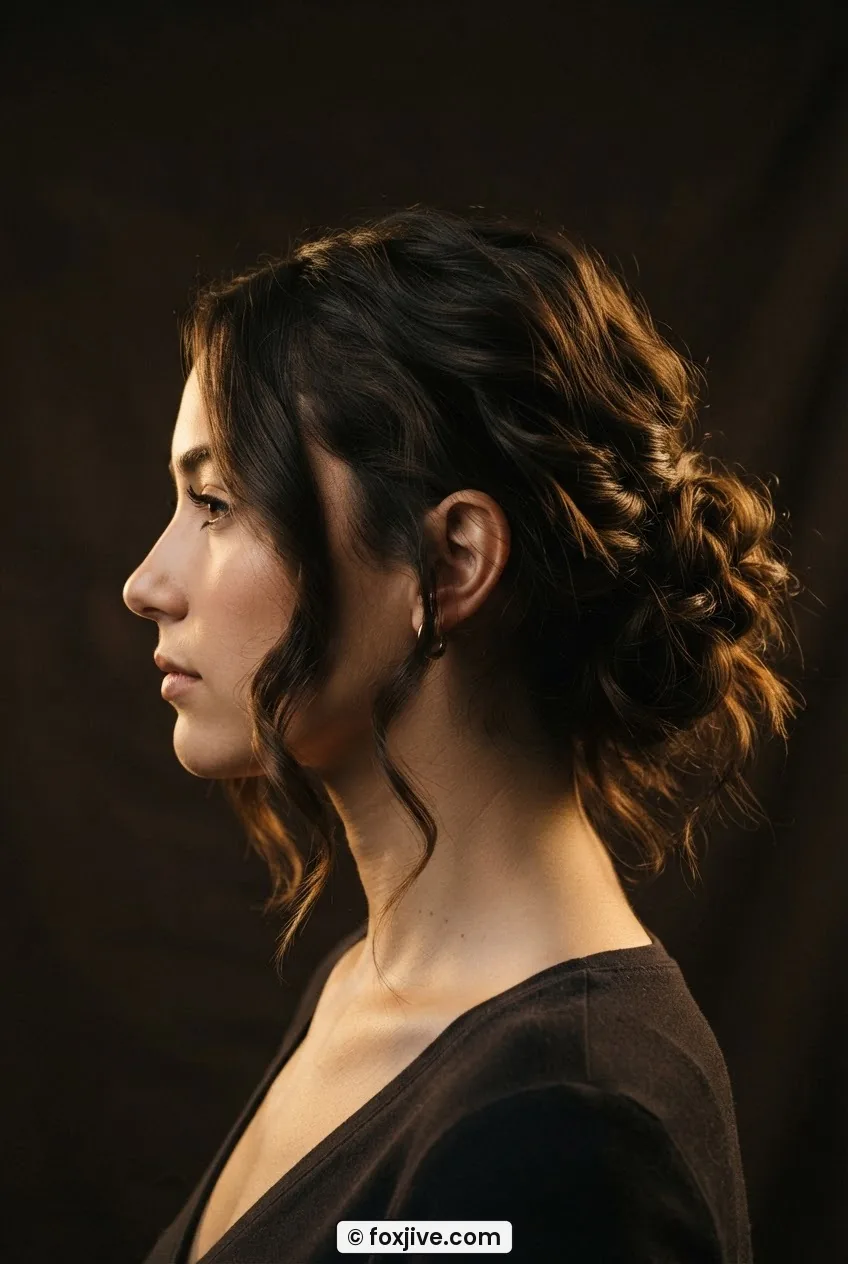 Woman with low gathered chignon and deliberate contrast face-framing pieces left loose in golden studio light